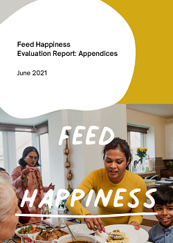 image shows front cover of appendices for the Feed Happiness Evaluation report. A smiling Indian woman serves food to her family with the text 'Feed Happiness' overlaying the image
